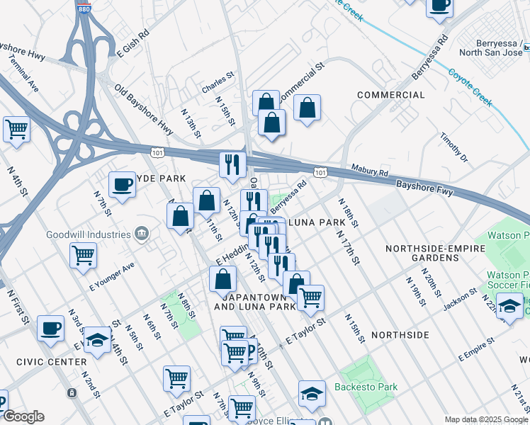 map of restaurants, bars, coffee shops, grocery stores, and more near 674 Berryessa Road in San Jose
