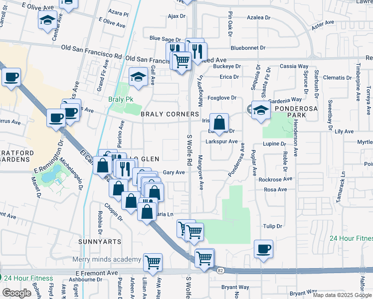 map of restaurants, bars, coffee shops, grocery stores, and more near 863 South Wolfe Road in Sunnyvale