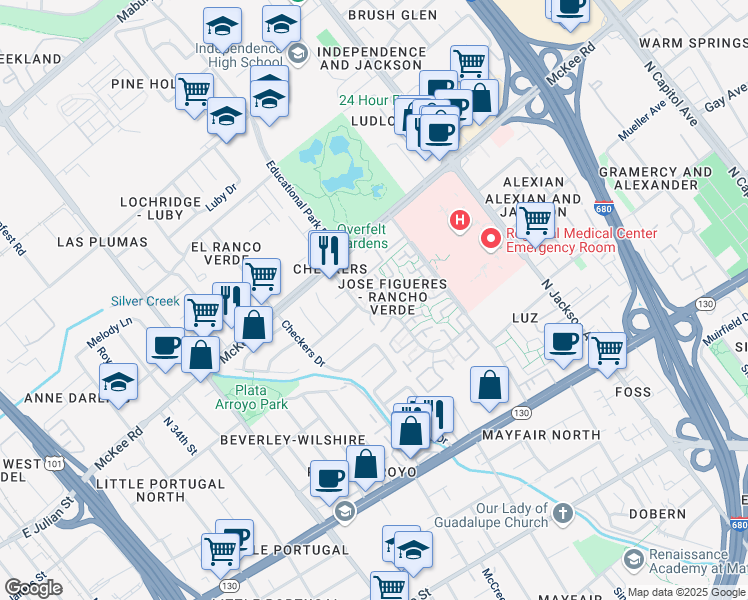 map of restaurants, bars, coffee shops, grocery stores, and more near 318 El Rancho Verde Drive in San Jose