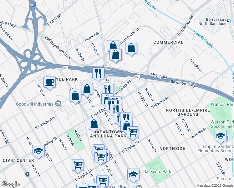 map of restaurants, bars, coffee shops, grocery stores, and more near 674 Berryessa Road in San Jose