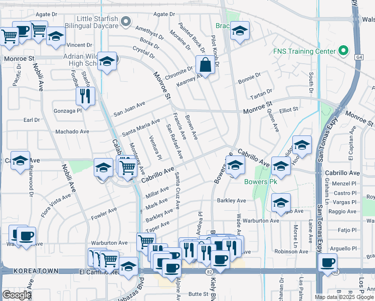 map of restaurants, bars, coffee shops, grocery stores, and more near 2130 Francis Avenue in Santa Clara