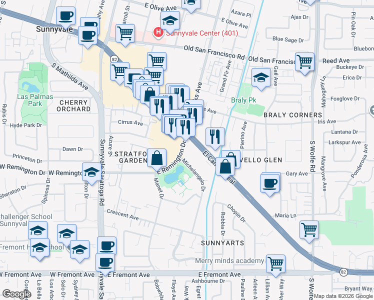 map of restaurants, bars, coffee shops, grocery stores, and more near 860 East Remington Drive in Sunnyvale