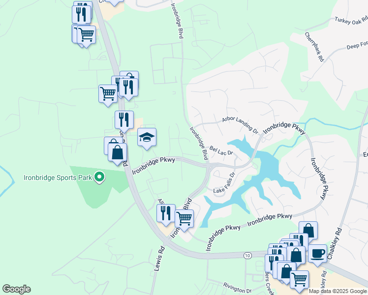 map of restaurants, bars, coffee shops, grocery stores, and more near 11341 Benton Pointe Way in Chester