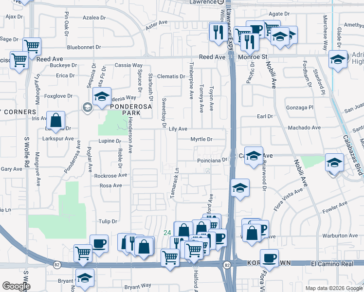 map of restaurants, bars, coffee shops, grocery stores, and more near 833 Tamarack Lane in Sunnyvale