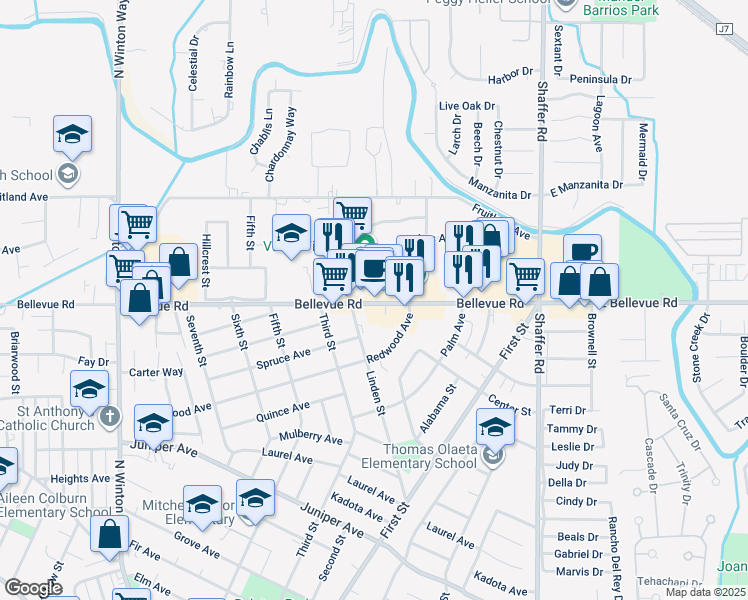 map of restaurants, bars, coffee shops, grocery stores, and more near 981 Bellevue Road in Atwater