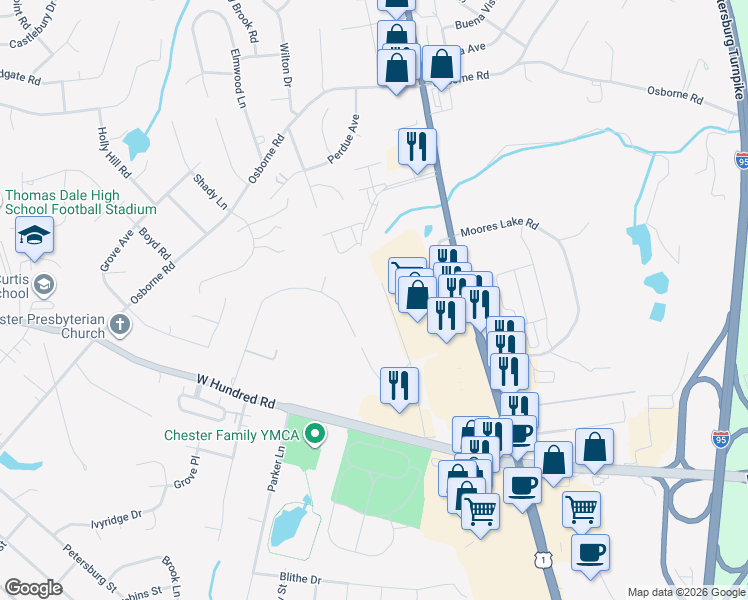 map of restaurants, bars, coffee shops, grocery stores, and more near 12100 Rock Hill Road in Chester