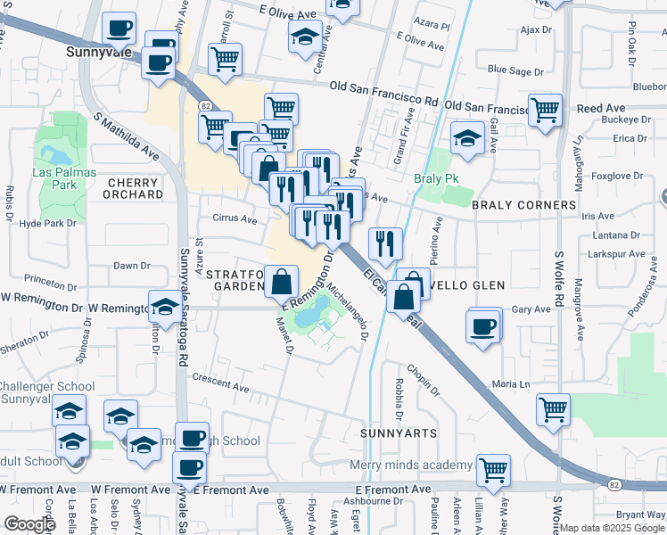 map of restaurants, bars, coffee shops, grocery stores, and more near 860 East Remington Drive in Sunnyvale