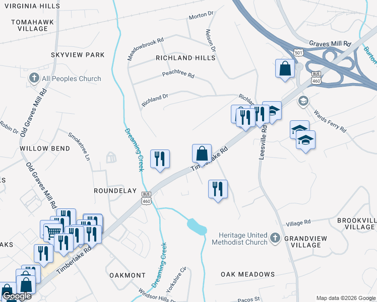 map of restaurants, bars, coffee shops, grocery stores, and more near 7331 Timberlake Road in Lynchburg