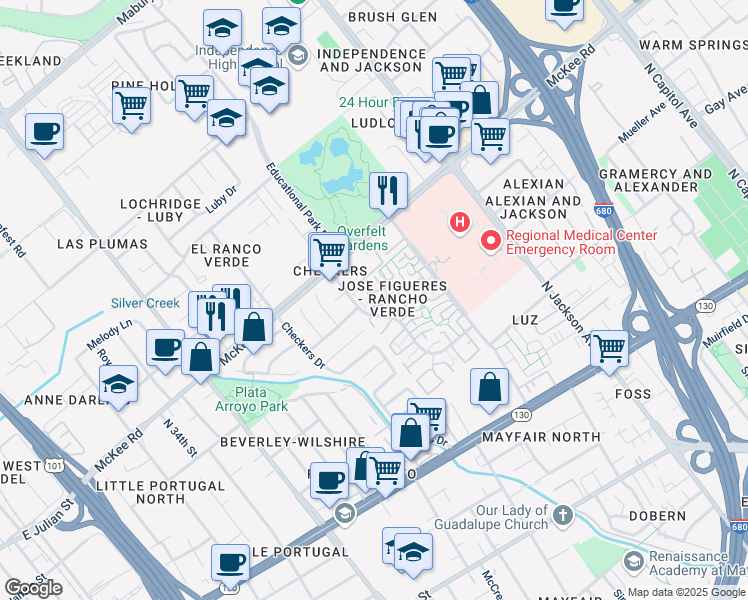 map of restaurants, bars, coffee shops, grocery stores, and more near 318 El Rancho Verde Drive in San Jose