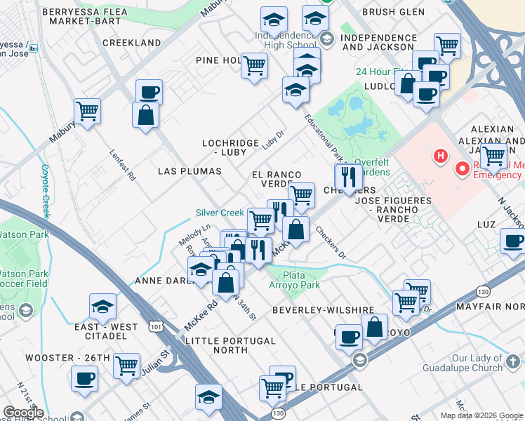 map of restaurants, bars, coffee shops, grocery stores, and more near 319 Checkers Drive in San Jose