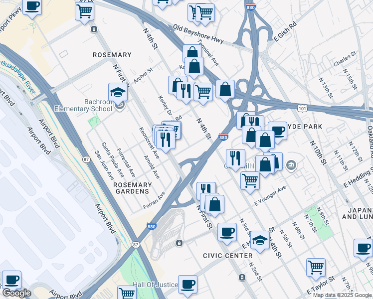 map of restaurants, bars, coffee shops, grocery stores, and more near 66 East Rosemary Street in San Jose