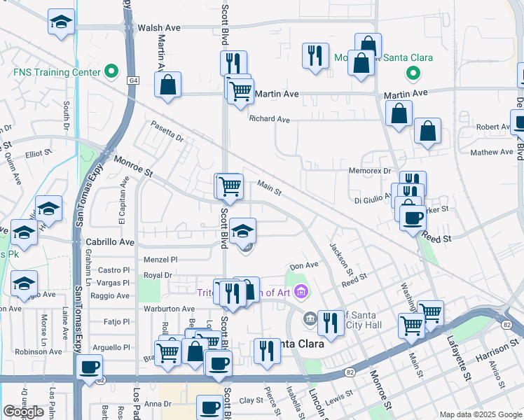 map of restaurants, bars, coffee shops, grocery stores, and more near 2077 Sahara Way in Santa Clara