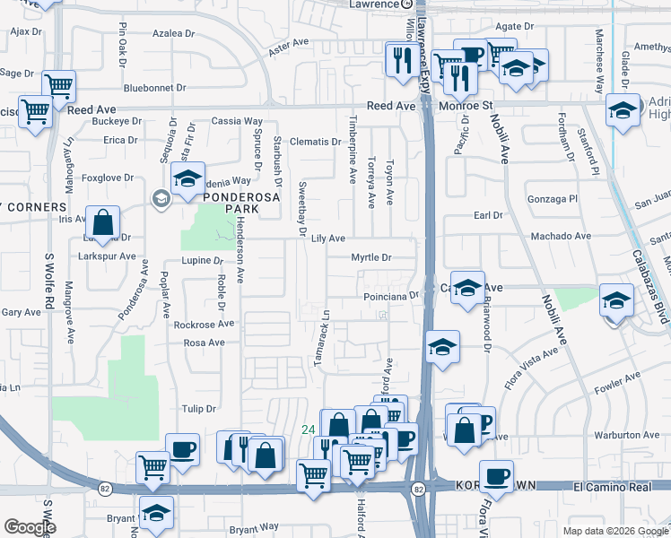 map of restaurants, bars, coffee shops, grocery stores, and more near 833 Tamarack Lane in Sunnyvale