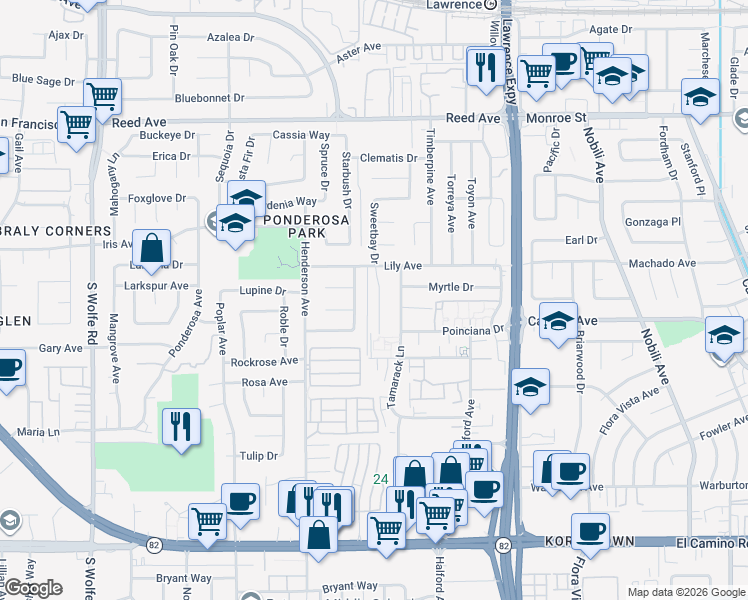 map of restaurants, bars, coffee shops, grocery stores, and more near 826 Sugarpine Avenue in Sunnyvale