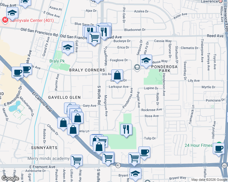 map of restaurants, bars, coffee shops, grocery stores, and more near 848 Pagoda Tree Court in Sunnyvale