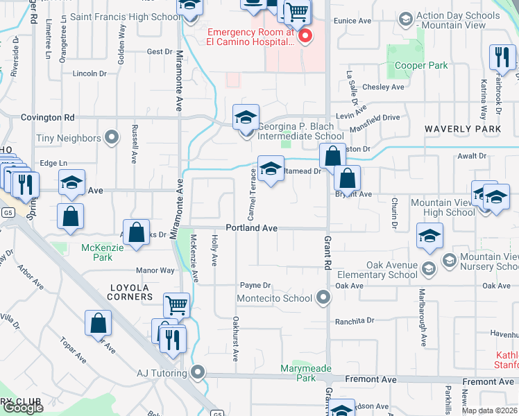 map of restaurants, bars, coffee shops, grocery stores, and more near 1273 Carmel Terrace in Los Altos