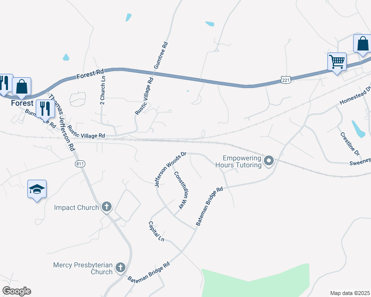 map of restaurants, bars, coffee shops, grocery stores, and more near 303 Jefferson Woods Drive in Forest