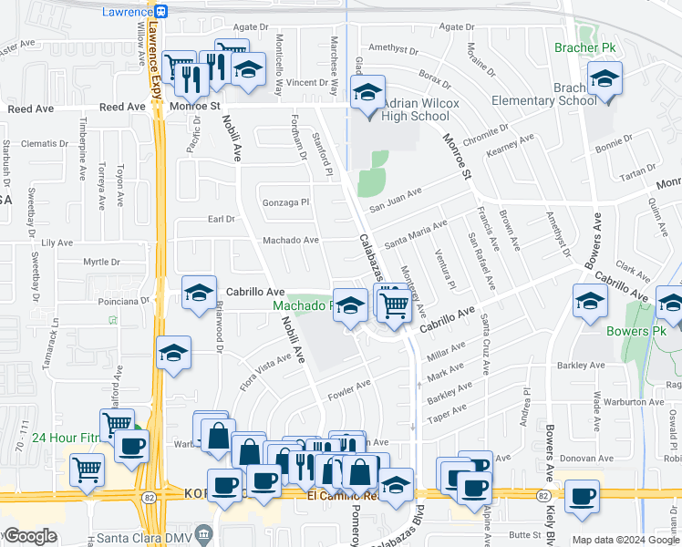 map of restaurants, bars, coffee shops, grocery stores, and more near 3335 Saint Ignatius Place in Santa Clara
