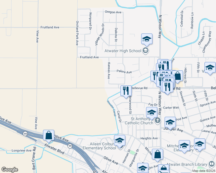 map of restaurants, bars, coffee shops, grocery stores, and more near 2472 Brodalski Street in Atwater