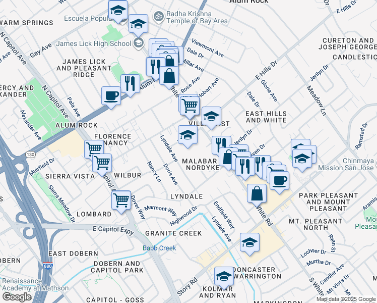 map of restaurants, bars, coffee shops, grocery stores, and more near 13901 Nordyke Drive in San Jose