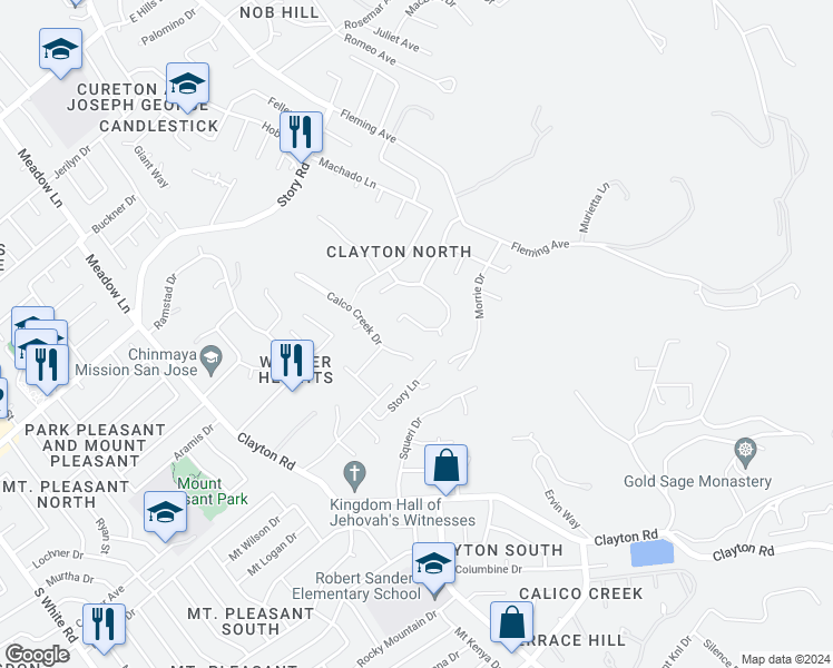 map of restaurants, bars, coffee shops, grocery stores, and more near 3608 Warner Drive in San Jose