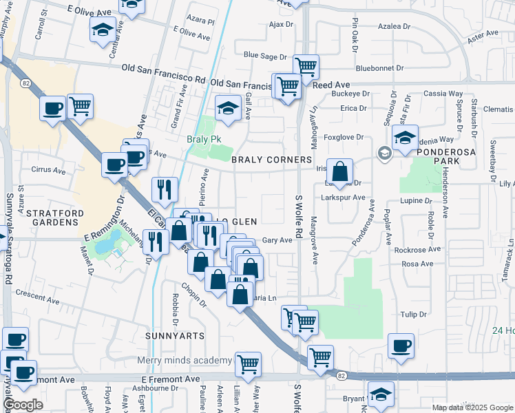 map of restaurants, bars, coffee shops, grocery stores, and more near 863 Laburnum Drive in Sunnyvale