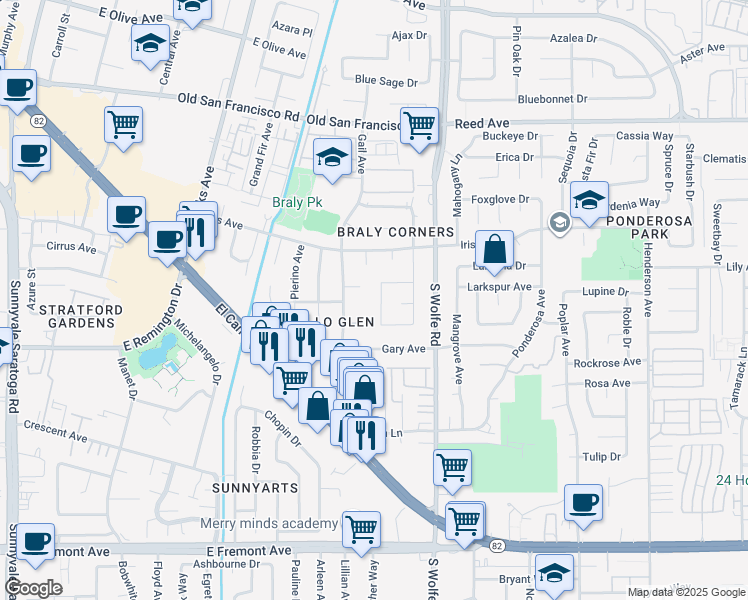 map of restaurants, bars, coffee shops, grocery stores, and more near 863 Laburnum Drive in Sunnyvale