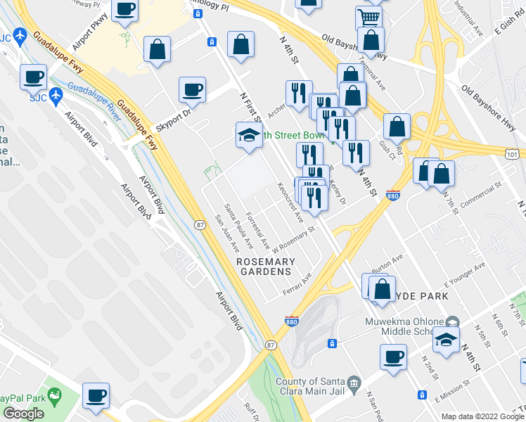 map of restaurants, bars, coffee shops, grocery stores, and more near North San Pedro Street & West Gish Road in San Jose