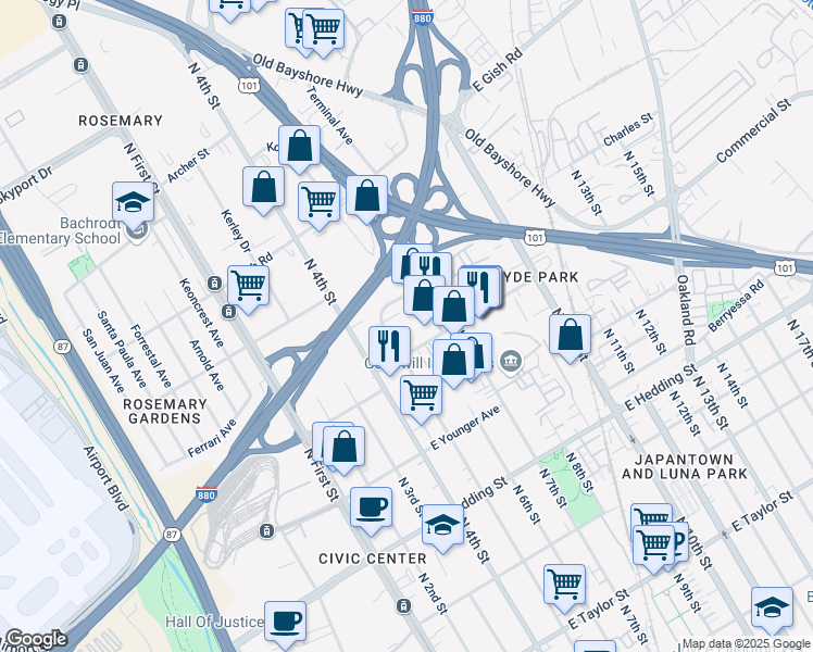 map of restaurants, bars, coffee shops, grocery stores, and more near 1150 North 5th Street in San Jose