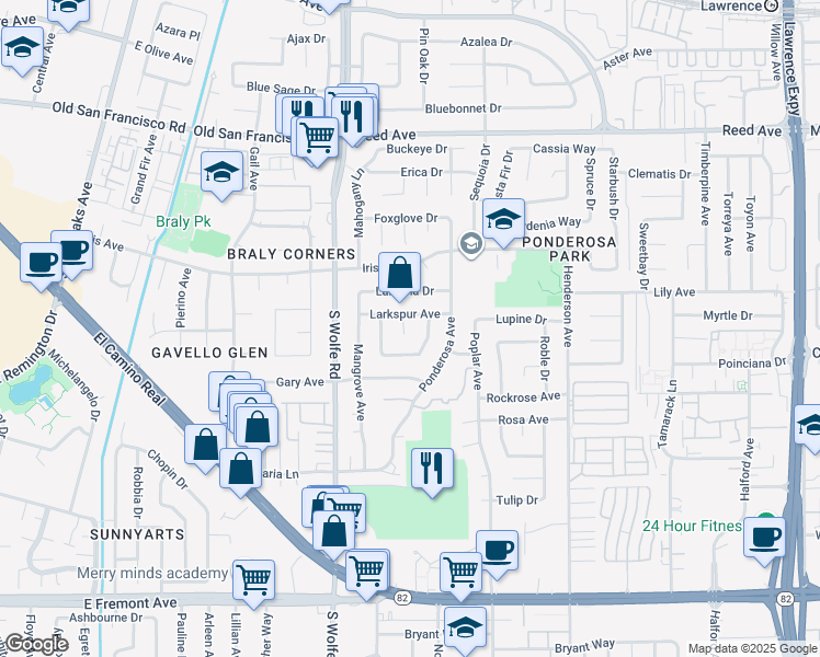 map of restaurants, bars, coffee shops, grocery stores, and more near 848 Pagoda Tree Court in Sunnyvale