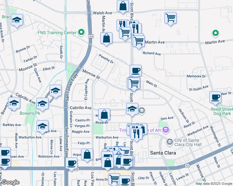 map of restaurants, bars, coffee shops, grocery stores, and more near 2200 Monroe Street in Santa Clara