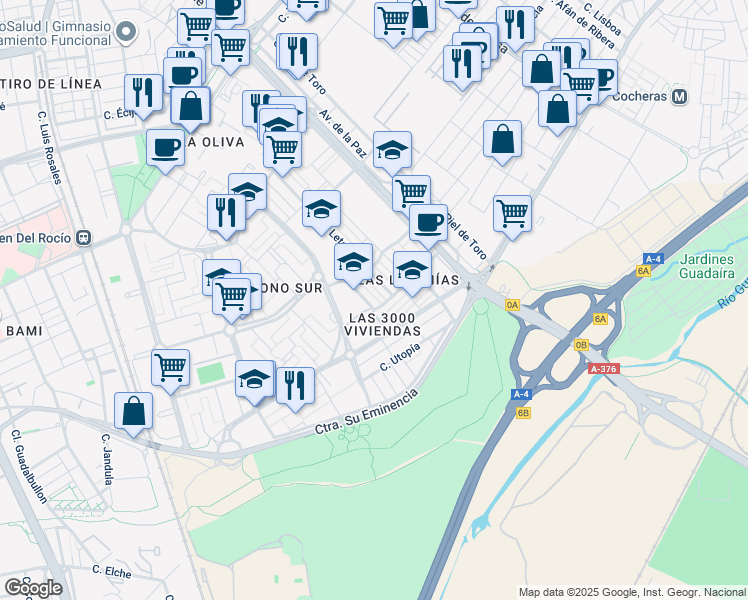 map of restaurants, bars, coffee shops, grocery stores, and more near 3 Calle Esclava del Señor in Sevilla