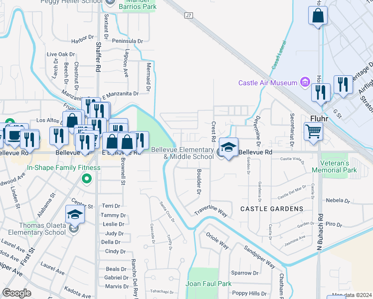 map of restaurants, bars, coffee shops, grocery stores, and more near 823 East Bellevue Road in Atwater