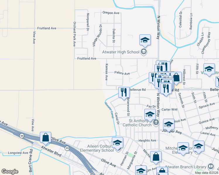 map of restaurants, bars, coffee shops, grocery stores, and more near 2472 Brodalski Street in Atwater