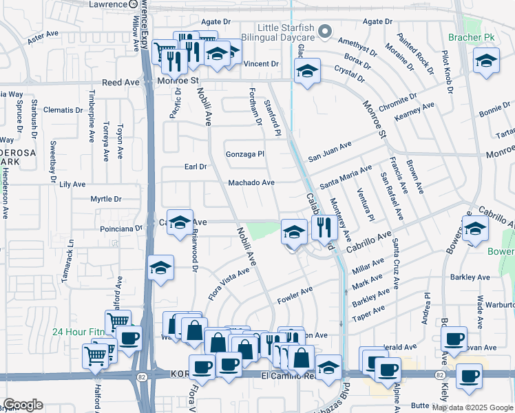 map of restaurants, bars, coffee shops, grocery stores, and more near 2061 Rockhurst Court in Santa Clara