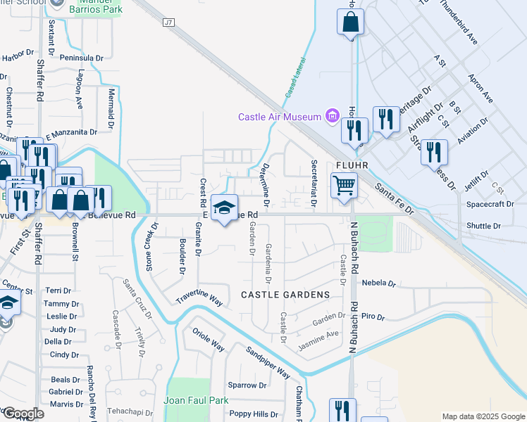 map of restaurants, bars, coffee shops, grocery stores, and more near 234 Gardenia Drive in Atwater