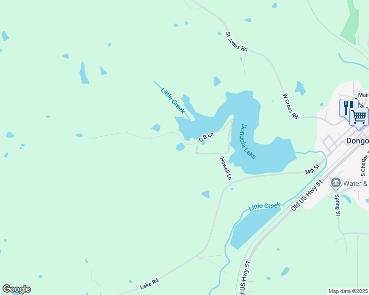 map of restaurants, bars, coffee shops, grocery stores, and more near 123-131 Howell Ln in Dongola