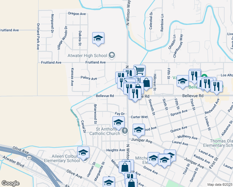 map of restaurants, bars, coffee shops, grocery stores, and more near 2011 Bellevue Road in Atwater