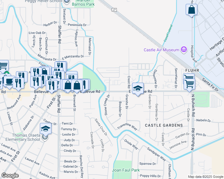map of restaurants, bars, coffee shops, grocery stores, and more near 823 East Bellevue Road in Atwater