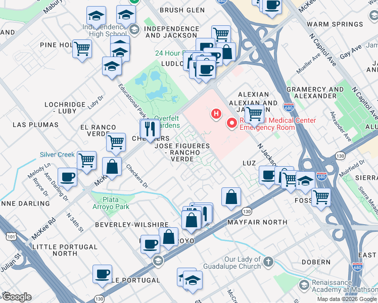 map of restaurants, bars, coffee shops, grocery stores, and more near 299 Cartago Court in San Jose