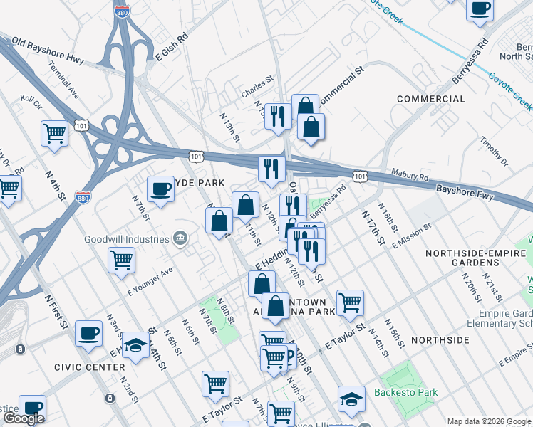 map of restaurants, bars, coffee shops, grocery stores, and more near 545 Santa Ana Avenue in San Jose