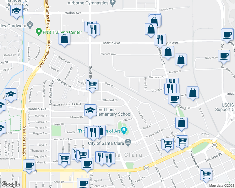 map of restaurants, bars, coffee shops, grocery stores, and more near 2120 Monroe Street in Santa Clara