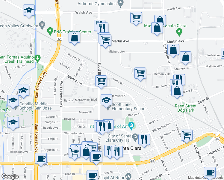 map of restaurants, bars, coffee shops, grocery stores, and more near 2077 Sahara Way in Santa Clara