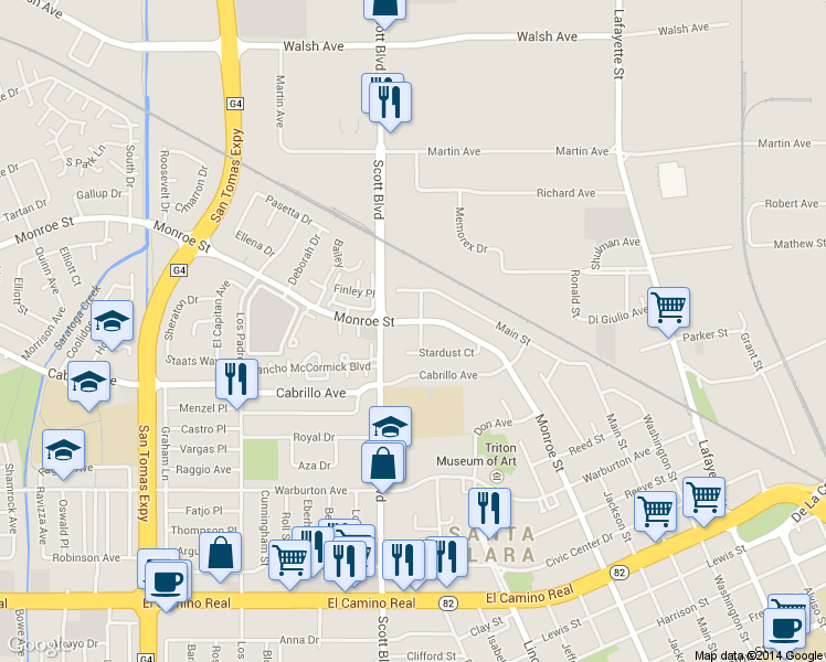 map of restaurants, bars, coffee shops, grocery stores, and more near 2095 Scott Boulevard in Santa Clara