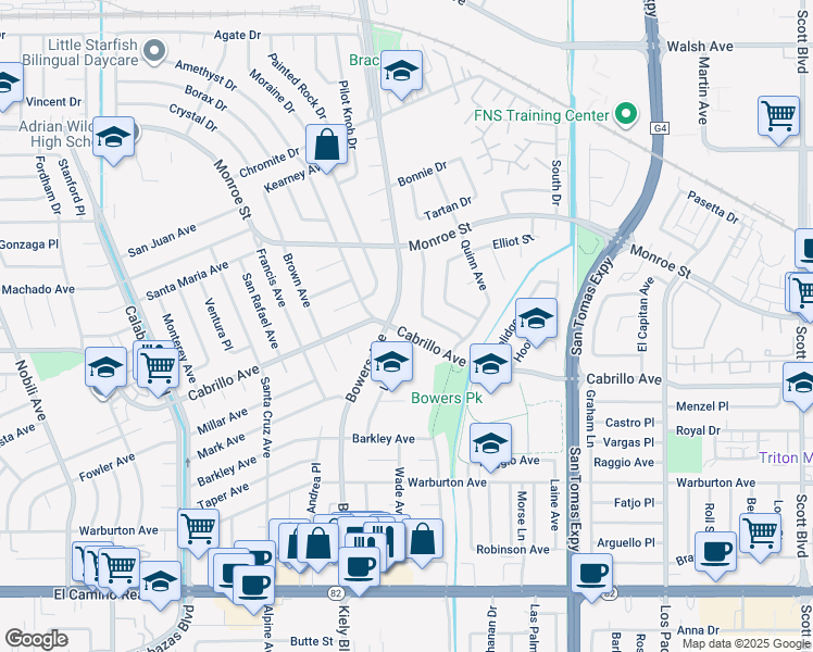 map of restaurants, bars, coffee shops, grocery stores, and more near 2080 Larsen Place in Santa Clara