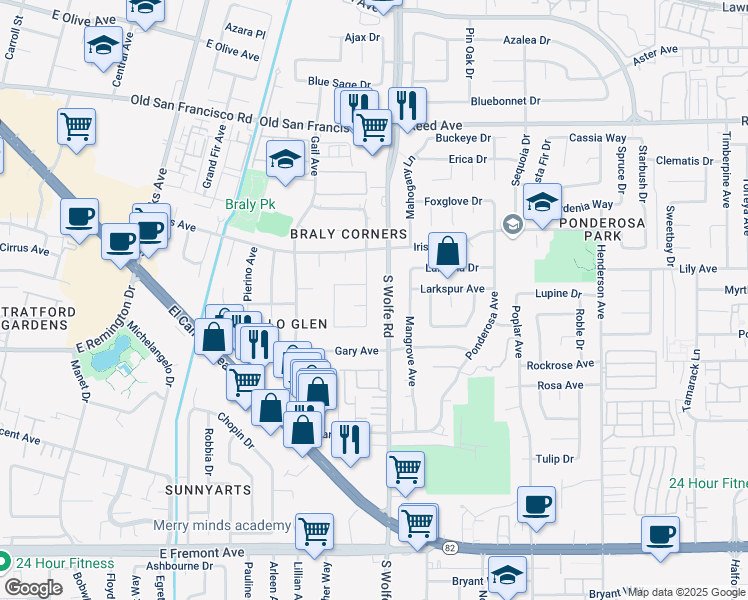 map of restaurants, bars, coffee shops, grocery stores, and more near 863 South Wolfe Road in Sunnyvale
