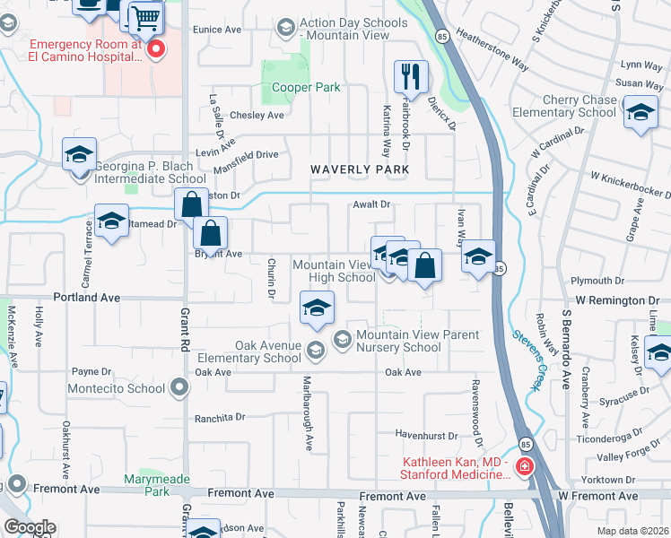 map of restaurants, bars, coffee shops, grocery stores, and more near 1161 Bruckner Circle in Mountain View