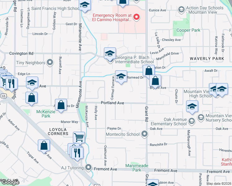 map of restaurants, bars, coffee shops, grocery stores, and more near 1273 Carmel Terrace in Los Altos