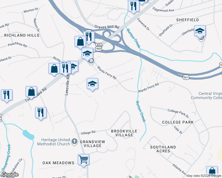 map of restaurants, bars, coffee shops, grocery stores, and more near 100 Aaron Place in Lynchburg