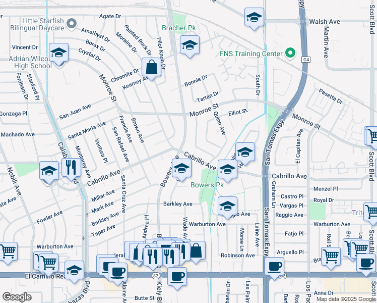 map of restaurants, bars, coffee shops, grocery stores, and more near 2080 Larsen Place in Santa Clara